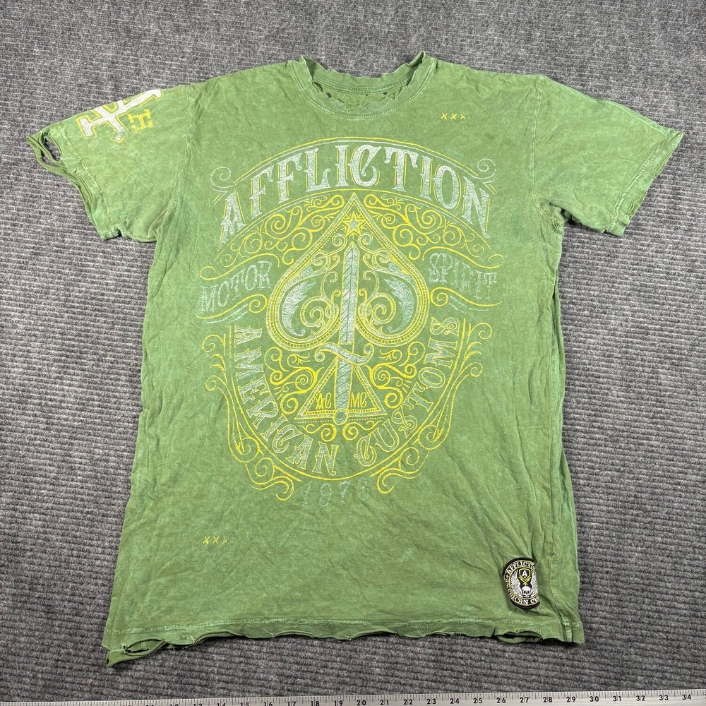 Vtg Affliction T-Shirt Mens Large Green Fair Distressed Graphic Y2K Biker Tee